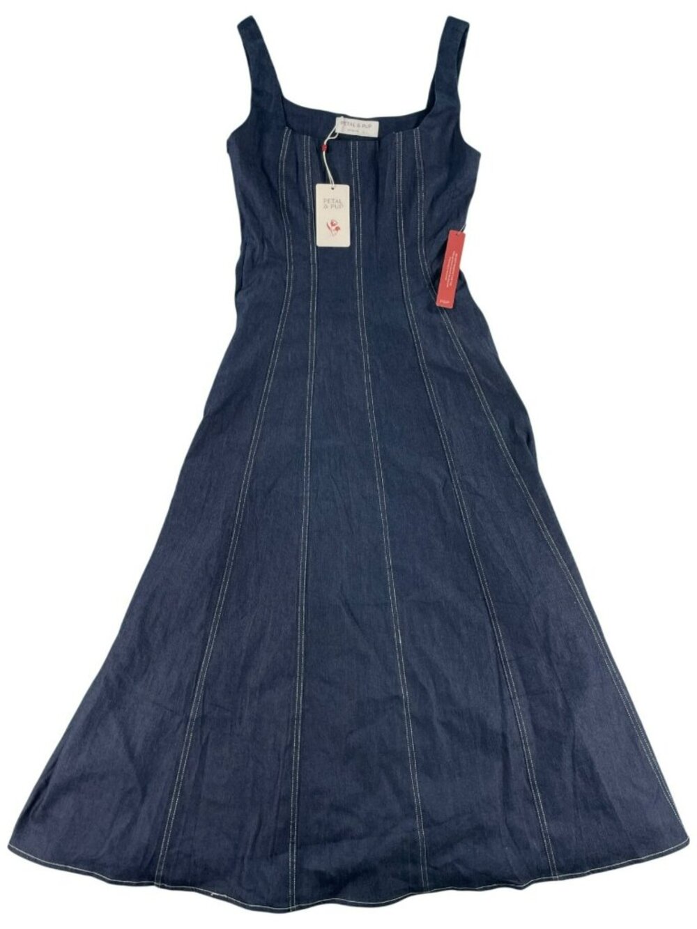 Petal & Pup Callum Midi Dress Dark Denim Sleeveless Striped Pockets Sz Small NEW